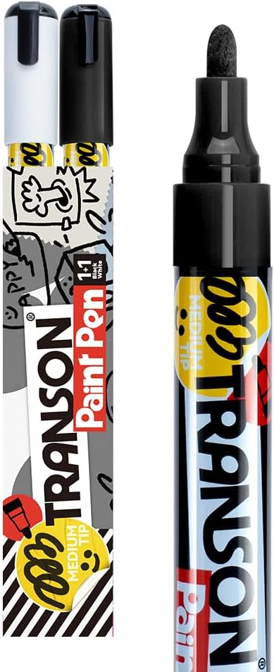 TRANSON Black and White Paint Markers for Fabric Rock Craft Diy Painting Medium Tip Oil Based Waterproof
