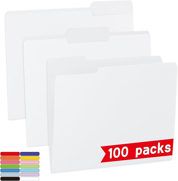 100 Packs White File Folder, File Folders Letter Size,1/3-Cut Tabs,8.5x11 File Folders for Office,School and Home,Organizer Documents