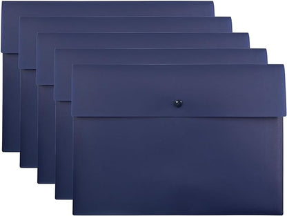 VANRA Poly File Folder Pockets File Jacket Plastic Envelope Flat Document Letter Organizer with Snap Button Closure A4 Letter Size (Pack of 5, Navy Blue)