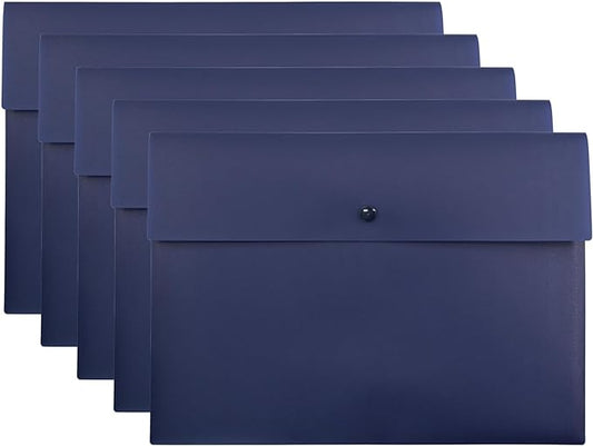 VANRA Poly File Folder Pockets File Jacket Plastic Envelope Flat Document Letter Organizer with Snap Button Closure A4 Letter Size (Pack of 5, Navy Blue)