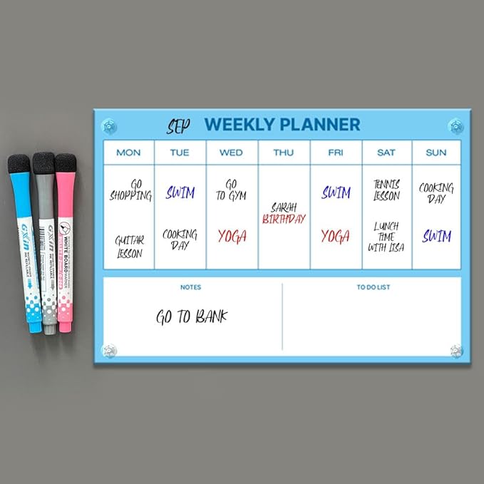 GEEKBEAR Dry Erase Refrigerator Calendar with 3 Markers - Attachable to Any Fridge with Special Suction Cups - Monthly and Weekly Designs, Acrylic - 15.7" x 10.6" (04. Modern Blue, Weekly)