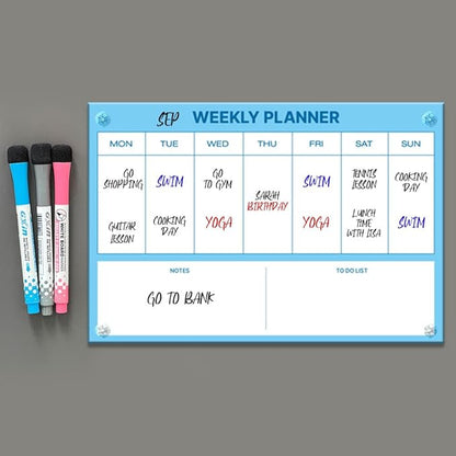 GEEKBEAR Dry Erase Refrigerator Calendar with 3 Markers - Attachable to Any Fridge with Special Suction Cups - Monthly and Weekly Designs, Acrylic - 15.7" x 10.6" (04. Modern Blue, Weekly)