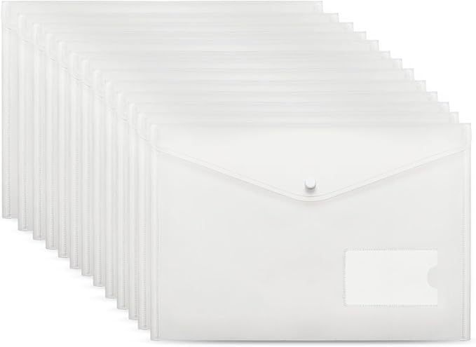 A4 Plastic Envelopes,20 Pack Clear Plastic Poly Envelope with Button Snap Closure,Clear Plastic Folders for Documents,Plastic File Bag Filing Envelopes for School Work Office Organization