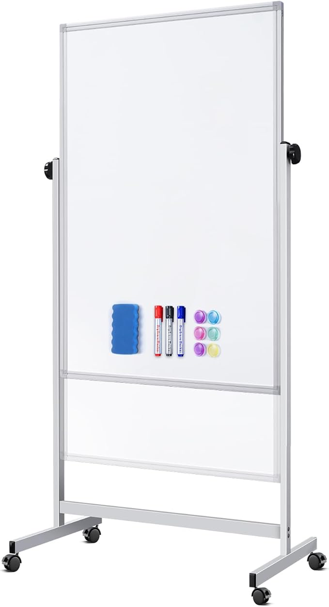 Mobile Whiteboard 32 x 48 inches Height Adjustable Dry Erase White Board, Standing Easel Whiteboard on Wheels, Double-Sided Magnetic Whiteboard with Stand for Office, Home, and Classroom