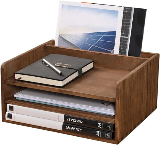 Desk Organizer for File Folder Storage with 3 Paper Letter Tray &1 Vertical Compartment- Wood Office Desktop Document Organizer Rack - Filing Folder Mail Sorter Desk accessories Dark WJJ3K-DK