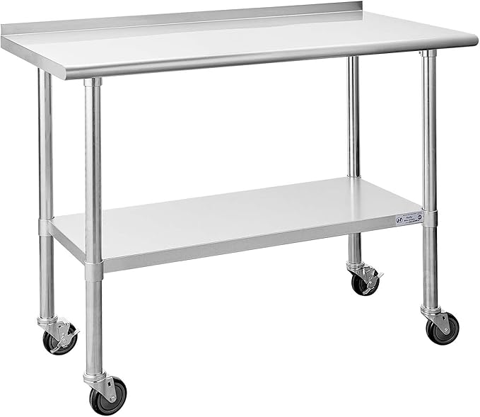 HALLY Stainless Steel Table for Prep & Work 24 x 48 Inches with Caster Wheels, NSF Commercial Heavy Duty Table with Undershelf and Backsplash for Restaurant, Home and Hotel