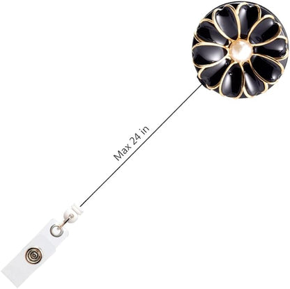 Retractable Badge Holder, ID Badge Reel with Pearl, 3 Pack (Black)