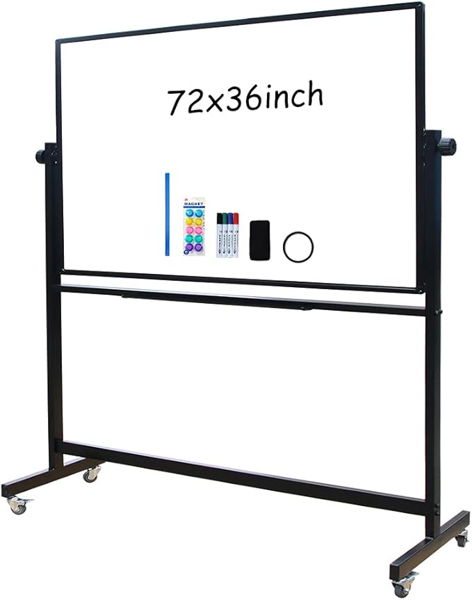 XIWODE 36x72 Large Magnetic Dry Erase Whiteboard with Stand - Double-Sided Freestanding Rolling Board, Flippable Design for Writing & Display, Black Frame for Office, Classroom, Home