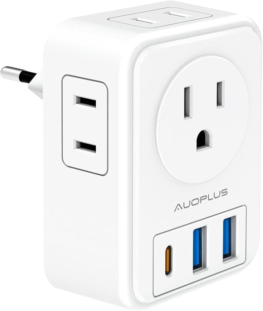 European Travel Plug Adapter, AUOPLUS International Power Plug Adapter with 3 USB Ports (1 USB C), 4 AC Outlets Cruise Ship Essentials for US to Most of Europe Spain Italy France Germany