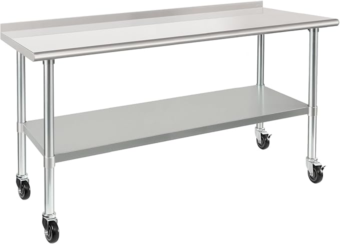 HARDURA Stainless Steel Table 24 x 72 Inches with Wheels Casters NSF Heavy Duty Commercial Prep Table with 2” Backsplash and Adjustable Undershelf for Restaurant Kitchen Home and Hotel