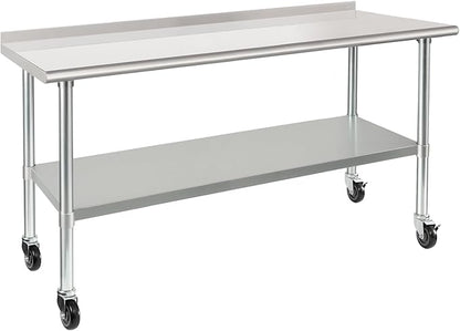 HARDURA Stainless Steel Table 24 x 72 Inches with Wheels Casters NSF Heavy Duty Commercial Prep Table with 2” Backsplash and Adjustable Undershelf for Restaurant Kitchen Home and Hotel