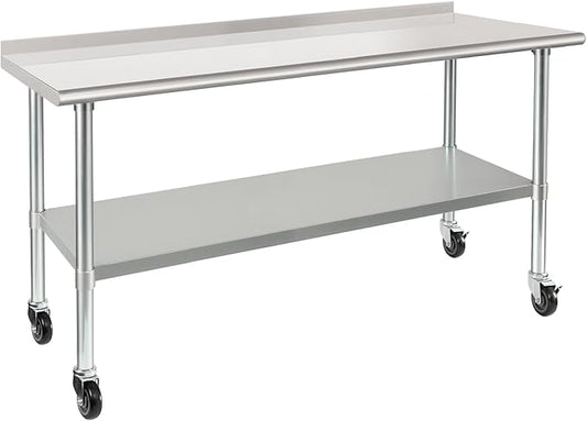 HARDURA Stainless Steel Table 24 x 72 Inches with Wheels Casters NSF Heavy Duty Commercial Prep Table with 2” Backsplash and Adjustable Undershelf for Restaurant Kitchen Home and Hotel