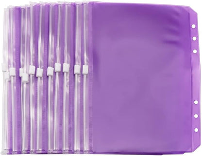 Purple PVC Binder Pockets 12pcs A5 Binders Zipper Pouch Bag Loose Leaf 6 Holes PVC Zip Organizer Folder for Journal Budget Filing Pocket Bags