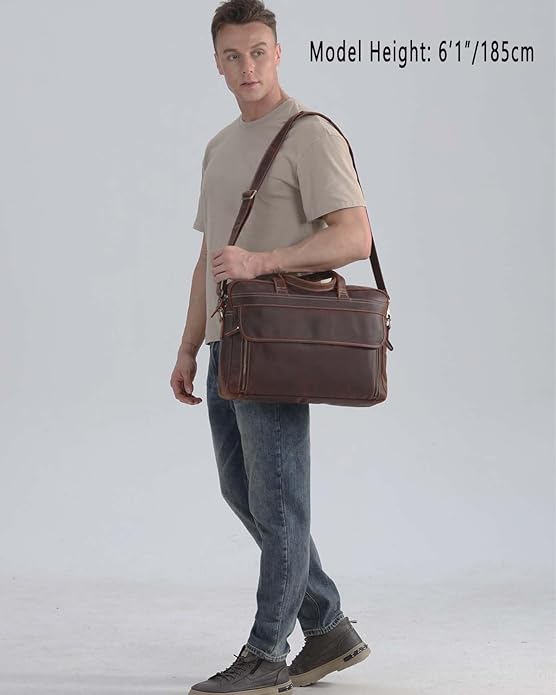 Full Grain 17.3" Leather Briefcase Messenger Laptop Bag For Men