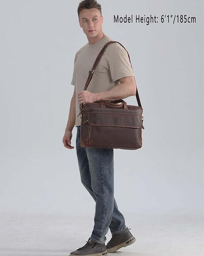 Full Grain 17.3" Leather Briefcase Messenger Laptop Bag For Men