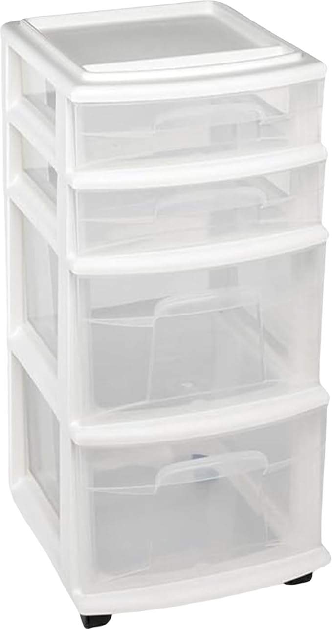HOMZ 4-Drawer Plastic Storage Cart Organizer with Removable Wheels, White Frame