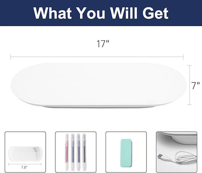 TSJ OFFICE Glass Desktop Whiteboard - 17 X 7 Inches Small Dry Erase Board with Blue Light, Glass White Board Surface Notepad with 1 Drawer, Desk Organizers for Office, Home, School Supplies