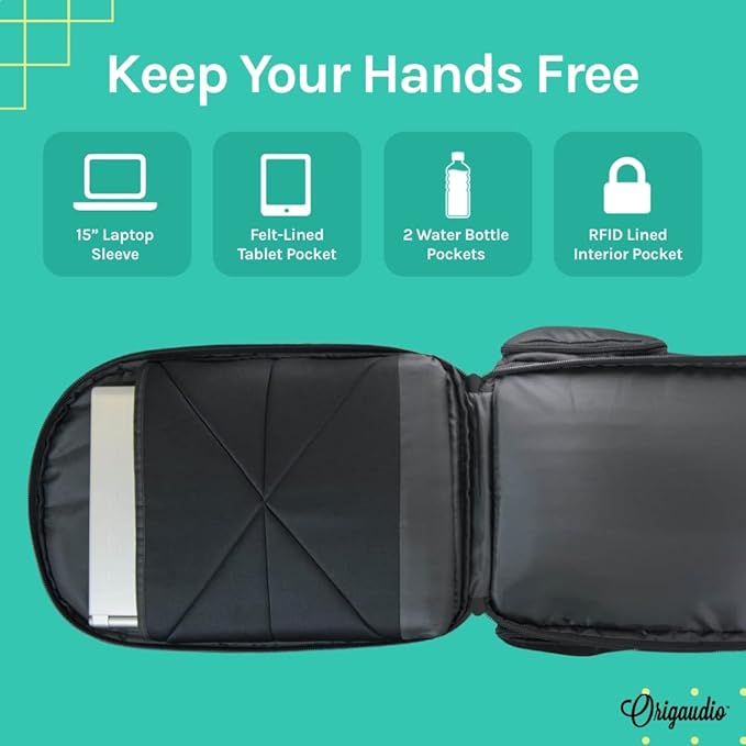 Origaudio Embarcadero Pack Business Backpack – 17 Inch Padded Laptop Sleeve – Laptop Compartment Zips Totally Open for TSA – 25 L Capacity & USB Techports– X-Large Pockets for Water Bottles and Sungla