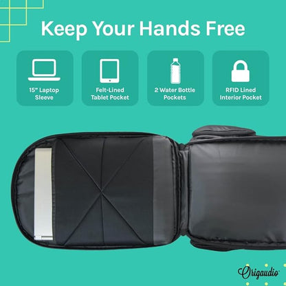 Origaudio Embarcadero Pack Business Backpack – 17 Inch Padded Laptop Sleeve – Laptop Compartment Zips Totally Open for TSA – 25 L Capacity & USB Techports– X-Large Pockets for Water Bottles and Sungla