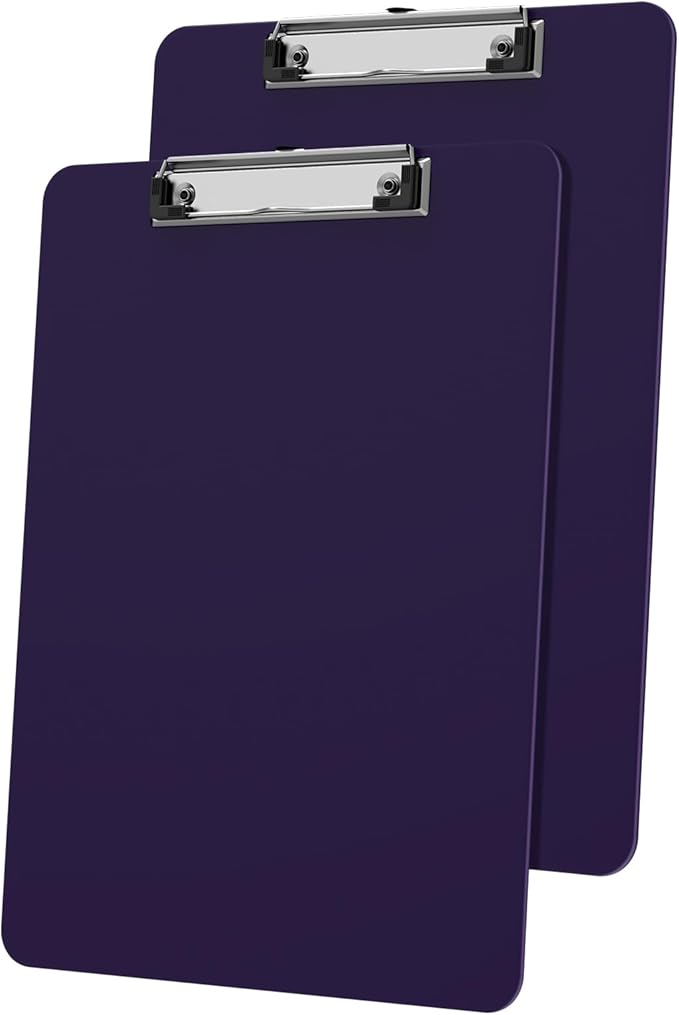 Plastic Clipboards 2 Pack, A4 Purple Clip Board 8.5x11 for Classroom, Students, Kid, Woman, Size 9" x 12.5" with Low Profile Clip, Office & School Supply