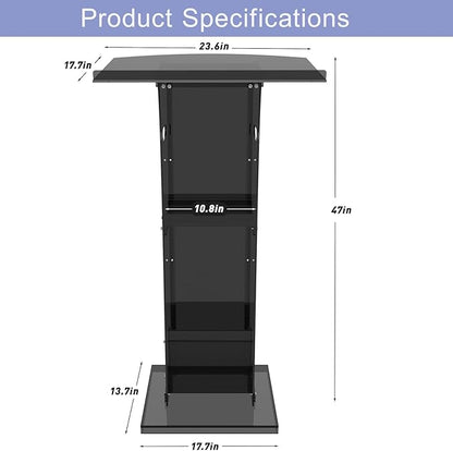 Acrylic Podium Stand with Storage Shelf,Black Lecterns & Podiums,Pulpits for Churches,Conference,Speeches,Weddings,Classroom,Concert,47" H Professional Presentation Podiums