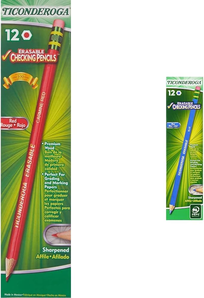 Ticonderoga Erasable Checking Pencils with Eraser, Pre-sharpened, Red, 12-Pack (14259) & Erasable Checking Wood-Cased Pencils, Pre-Sharpened, Blue, 12 Count