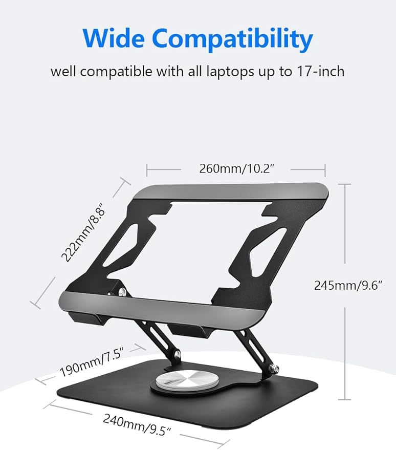Laptop Stand for Desk, Adjustable Computer Stand with 360° Rotating Base, Laptop Riser Compatible with MacBook Air/Pro, Dell, HP, Lenovo and All 10-17'' Laptops