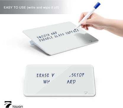 TOWON Small Glass Dry Erase Board, Desk White Board with Standing, Mini Whiteboard Easel Pad Set, Stenography Artifact for Office, Home and School Supplies, 8x6 Inches, White