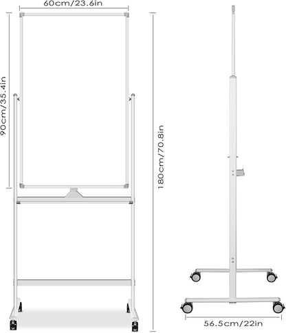 Dry Erase Whiteboard Easel on Wheels - 24 x 36 inch Double Sided Mobile Whiteboard, Reversible Magnetic Double Sided Rolling whiteboard Mobile White Board for Home Office Classroom, (24“x 36”)