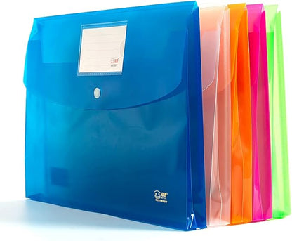 5 Pack Large-Capacity Colored Transparent Document Folder,TFDLCG zm Plastic Envelopes with snap Closure Poly Envelopes,A4 Letter Size(13"×9.5") for School Home Office,Assorted Colors