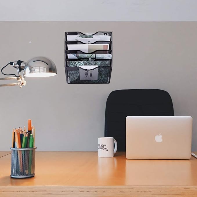 EASEPRES 5 Pocket Mesh Hanging Wall File Organizer, Wall Mounted Mail Paper Document Folder Holder, Clipboard Storage Organization Magazine Rack with Nametag Label for Office Home School, Black