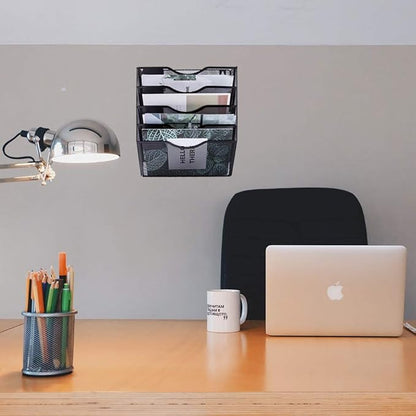 EASEPRES 5 Pocket Mesh Hanging Wall File Organizer, Wall Mounted Mail Paper Document Folder Holder, Clipboard Storage Organization Magazine Rack with Nametag Label for Office Home School, Black