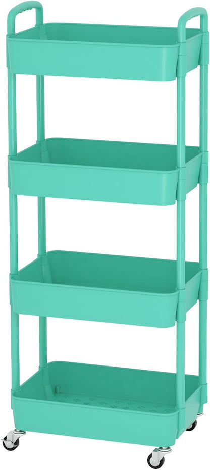 Sywhitta 4-Tier Plastic Rolling Utility Cart with Handle, Multi-Functional Storage Trolley for Office, Living Room, Kitchen, Movable Storage Organizer with Wheels, Green