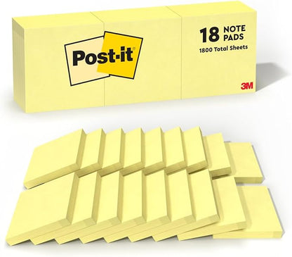 Post-it Notes, 3 in x 3 in, 18 Sticky Notes Pads, 100 Sheets per Pad, The Iconic Canary Yellow Note, School Supplies and Oﬃce Products