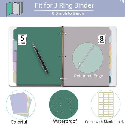 16Pcs/2 Sets Binder Dividers for 3 Ring Binder,8 Tab Binder Plastic Page dividers with Tab,tab dividers，Colored