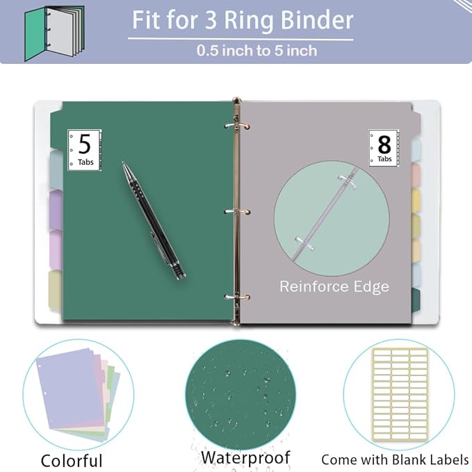 24Pcs/3 Sets Binder Dividers for 3 Ring Binder,8 Tab Binder Plastic Page dividers with Tab,8TAB Set,Multicolor