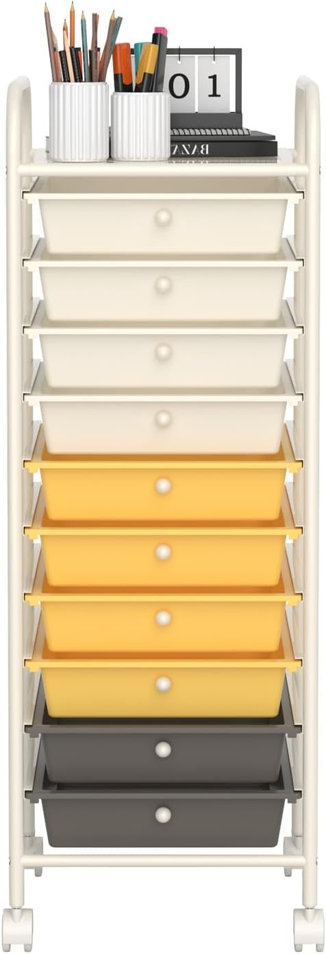 Storage Cart, Rolling Utility Cart with 10 Drawers, Portable Handles & Lockable Wheels, Mobile Paper Toys Storage Organizer Large Capacity for Home Office School Teacher (Yellow)