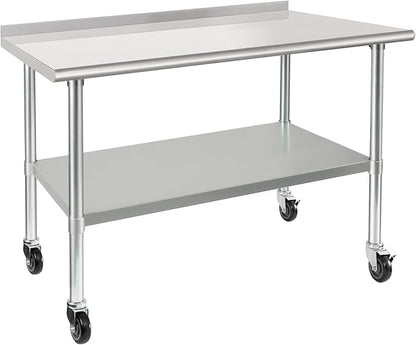HARDURA Stainless Steel Table 30 x 48 Inches with Wheels Casters NSF Heavy Duty Commercial Prep Table with 2” Backsplash and Adjustable Undershelf for Restaurant Kitchen Home and Hotel