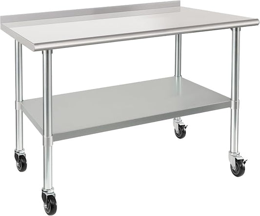 HARDURA Stainless Steel Table 30 x 48 Inches with Wheels Casters NSF Heavy Duty Commercial Prep Table with 2” Backsplash and Adjustable Undershelf for Restaurant Kitchen Home and Hotel