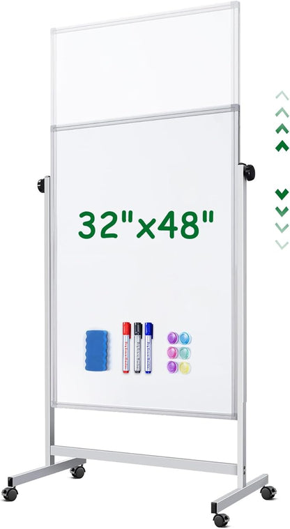 Mobile Whiteboard 32 x 48 inches Height Adjustable Dry Erase White Board, Standing Easel Whiteboard on Wheels, Double-Sided Magnetic Whiteboard with Stand for Office, Home, and Classroom