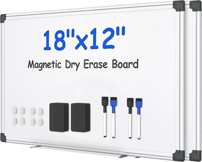 VUSIGN 2PCS Magnetic White Board Kit for Wall 18" x 12", 2 Dry Eraser & 4 Multicolor Markers & 8 Magnetic Pins, Sliver Reinforced Aluminum Frame for Home, School, Office