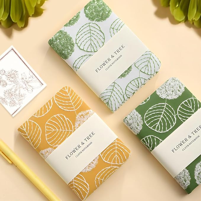 Pocket Notebook, A6 Journal, Small Embroidered Journal, Cute Fabric Notebook, Lay Flat Hardcover Journal, 4x6 Lined Notebook & Sketchbook, Personal Writing Journal for Women, White Leaf