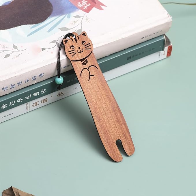 Wood Cat Bookmarks - Set of 4 Cute Bookmarks Aesthetic, Wooden Bookmarks Anime Cat Bookmark for Women Girl Kids, Kawaii Bookmark for Book Lover Cat Lover Friends Best Gifts (Acid Redwood)