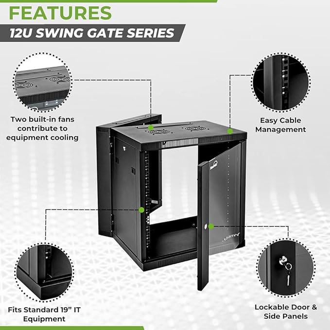 NavePoint 12U Server Cabinet with Hinged Back - 21.6” Deep, 12U Server Rack Enclosure with Locking Glass Door, Wall Mount Rack with Removable Side Panels, 12U Network Cabinet with 2 Fans, Assembled