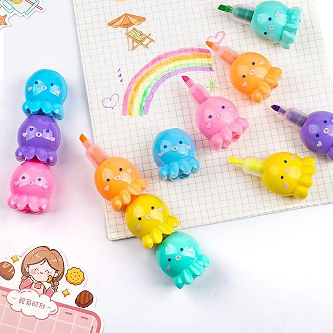 Set of 5 Octopus Color Highlighter Markers with 1 Blue Cap, Highlighter Pens for School & Office.