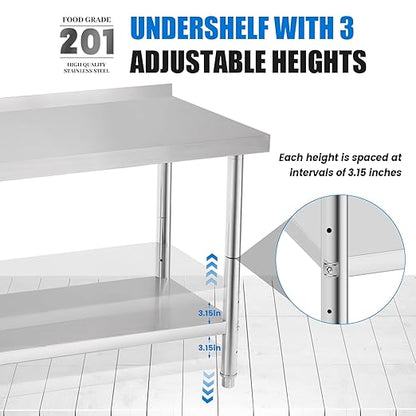Stainless Steel Table for Prep & Work with Backsplash 24 x 36 Inches NSF Metal Commercial Kitchen Adjustable Under Shelf Worktable for Restaurant Home Outdoor