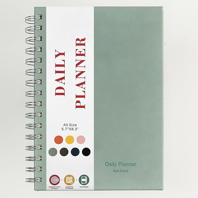 Undated Daily Planner,Undated Planner with Hourly Schedules, Daily Organizer Notebooks for work, Spiral Appointment Planner for Men and Wome, To Do List Notebook for Time Management, Elastic Closure, Pocket(Light Blue)