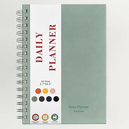 Undated Daily Planner,Undated Planner with Hourly Schedules, Daily Organizer Notebooks for work, Spiral Appointment Planner for Men and Wome, To Do List Notebook for Time Management, Elastic Closure, Pocket(Light Blue)