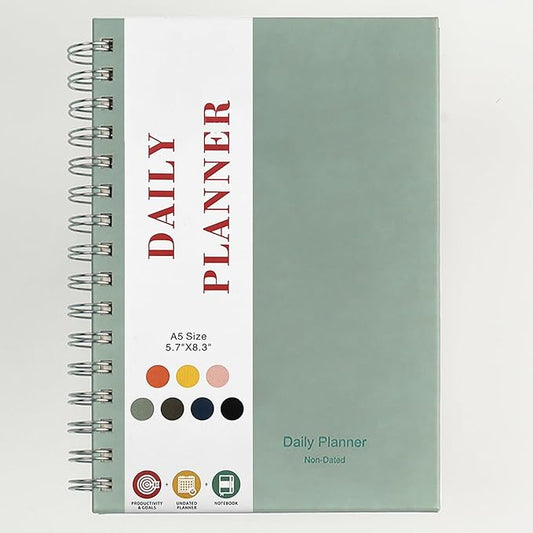 Undated Daily Planner,Undated Planner with Hourly Schedules, Daily Organizer Notebooks for work, Spiral Appointment Planner for Men and Wome, To Do List Notebook for Time Management, Elastic Closure, Pocket(Light Blue)