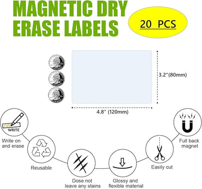 Dry Erase Big Magnetic Labels (4.8x3.2,Pack of 20),Large Write On Magnets Name Plates Sticker,Waterproof/Reusable for Refrigerator&Lockers&Whiteboard&Cabinet(White)